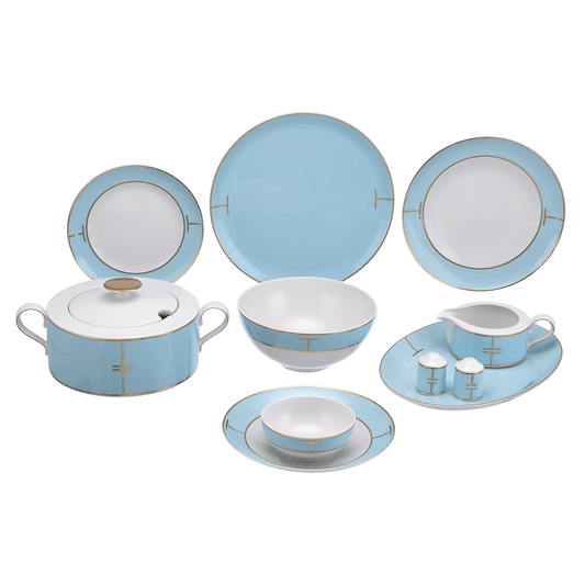 A 59-piece dinner set consisting of blue and gold porcelain dishes, including plates, bowls, a soup tureen, and serving platters.