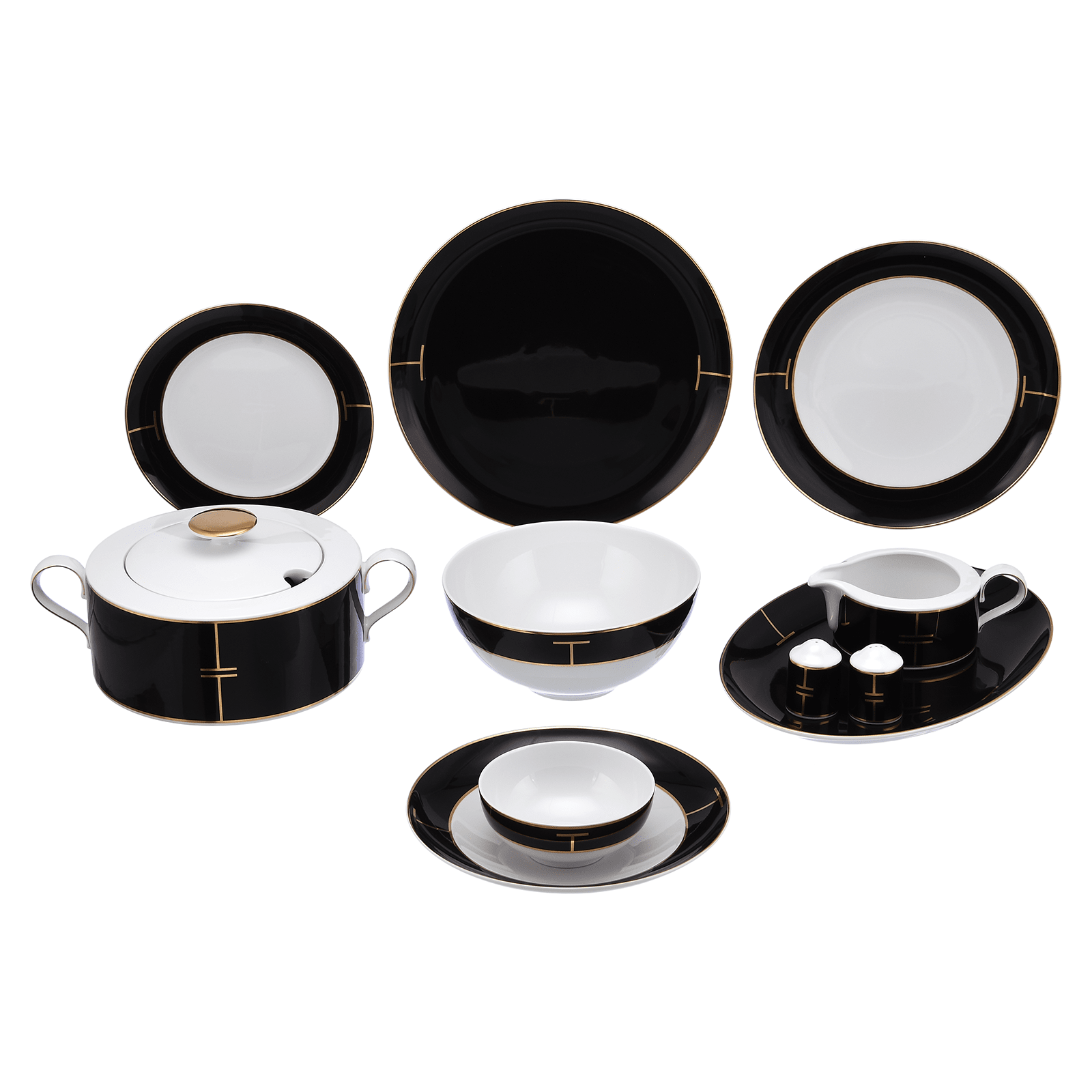A 59-piece dinner set consisting of black and gold porcelain dishes, including plates, bowls, a tureen, and serving platters.