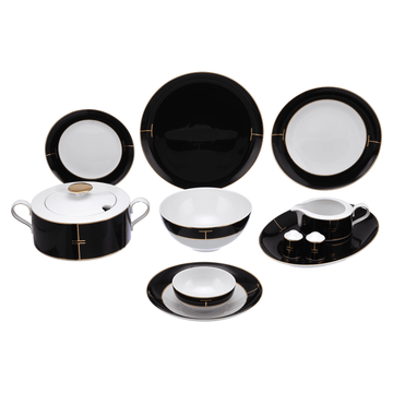 A 59-piece dinner set consisting of black and gold porcelain dishes, including plates, bowls, a tureen, and serving platters.