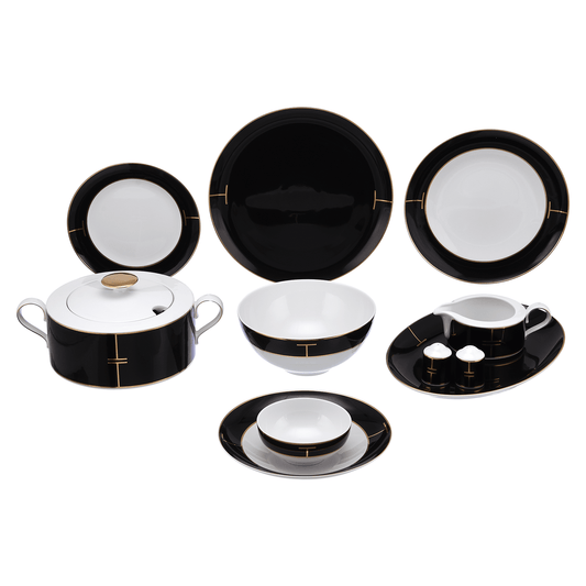 A 59-piece dinner set consisting of black and gold porcelain dishes, including plates, bowls, a tureen, and serving platters.
