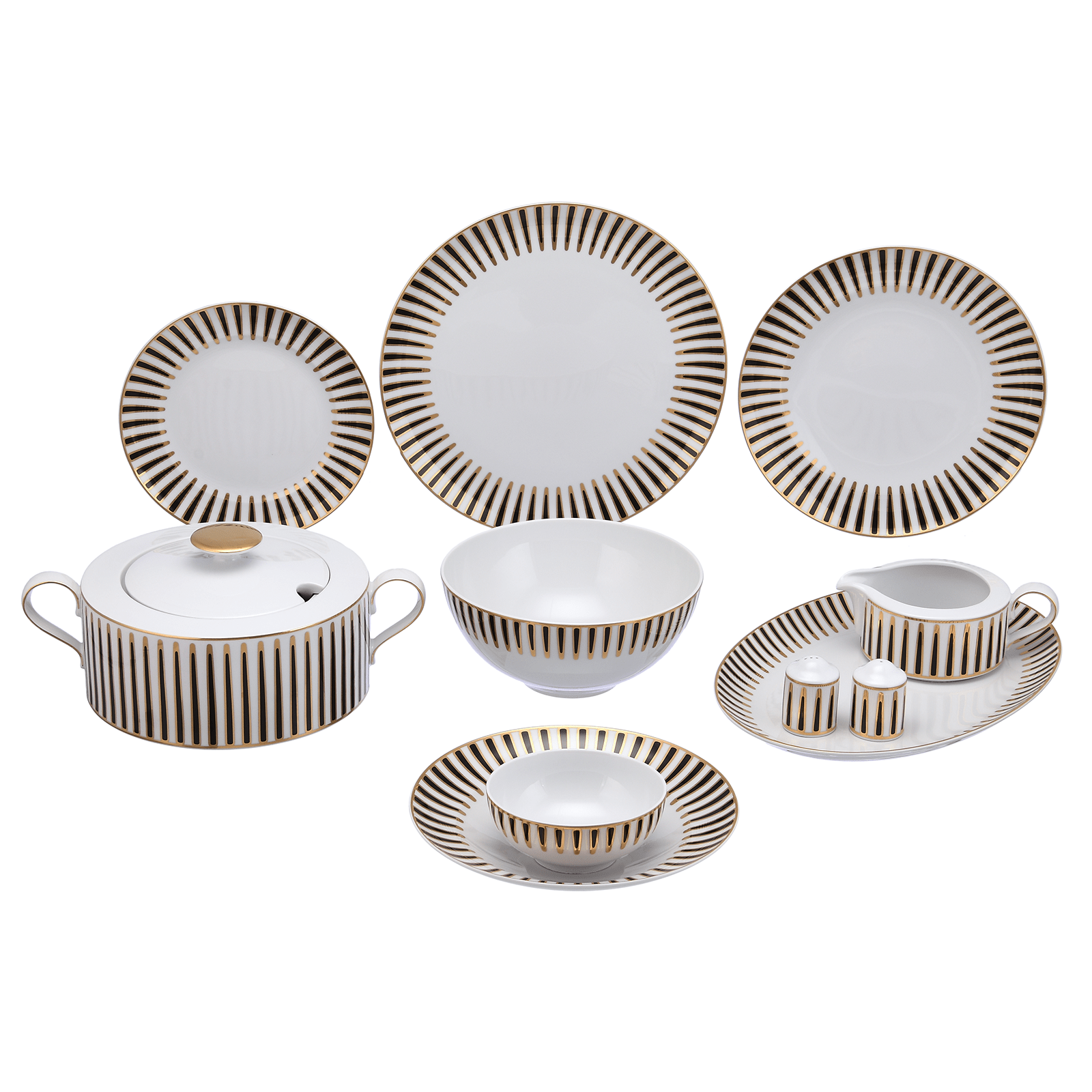 A 59-piece dinner set with stripes in black and gold colors on porcelain dishes, including plates, bowls, a soup tureen, and serving platters.