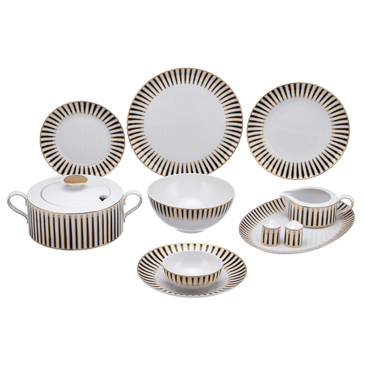 A 59-piece dinner set with stripes in black and gold colors on porcelain dishes, including plates, bowls, a soup tureen, and serving platters.