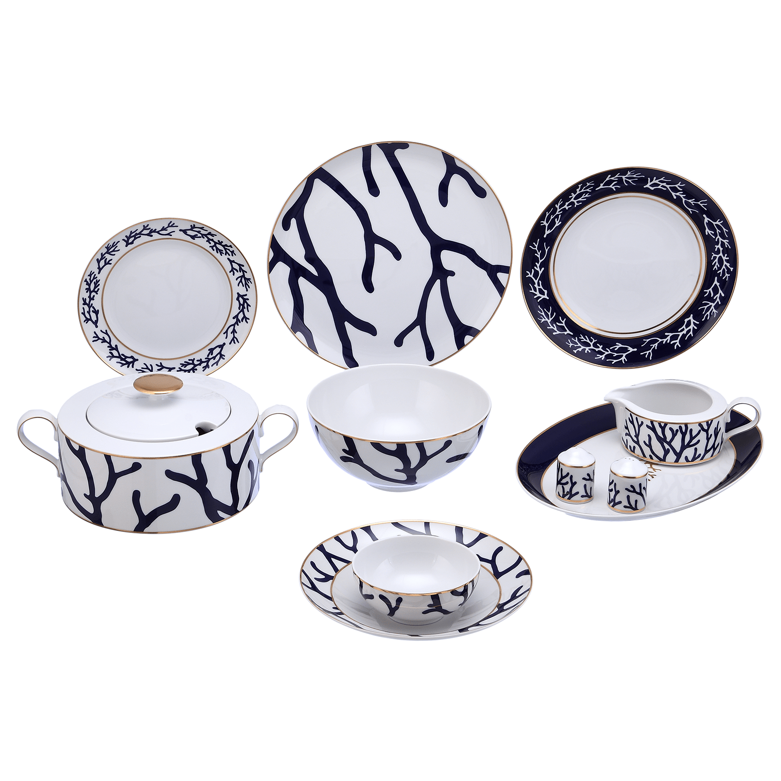 A 59-piece dinner set with blue and gold color scheme, including plates, bowls, and flat platters, displayed on a white background.