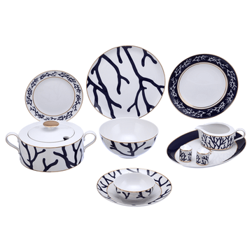 A 59-piece dinner set with blue and gold color scheme, including plates, bowls, and flat platters, displayed on a white background.