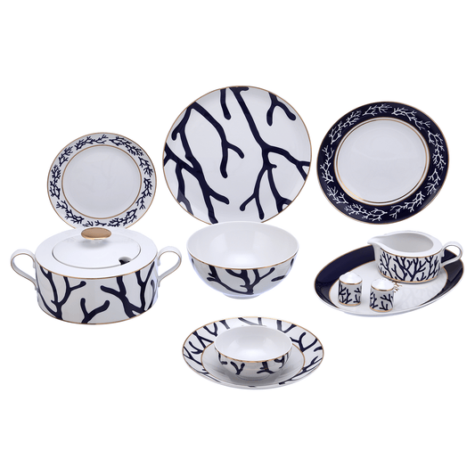 A 59-piece dinner set with blue and gold color scheme, including plates, bowls, and flat platters, displayed on a white background.