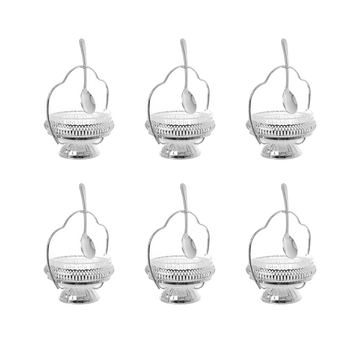 Queen Anne - Bowl Set with Dessert Spoons & Handle - 6 Pieces - Silver Plated Metal with Glass