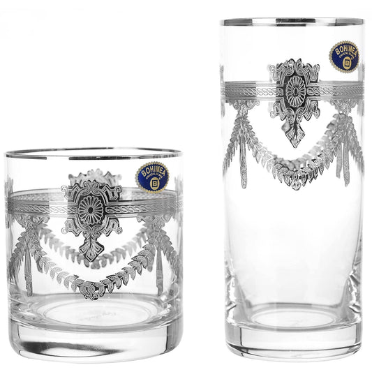 Bohemia Crystal - Highball & Tumbler Glass Set 12 Pieces - Silver- 300ml & 280ml - Crystal
