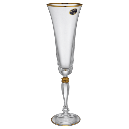 Bohemia Crystal - Flute Glass Set 6 Pieces with Gold Rim - 180ml - Crystal
