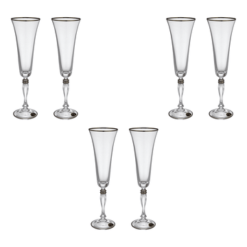 Bohemia Crystal - Flute Glass Set 6 Pieces with Silver Rim - 220ml - Crystal