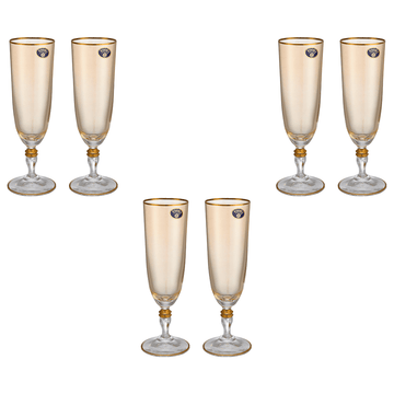 Bohemia Crystal - Flute Glass Set 6 Pieces with Gold Rim - Orange - 275ml - Crystal