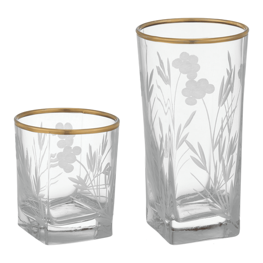 Pasabahce - Decorated Highball & Tumbler Glass Set 12 Pieces - Gold - 305&205ml - Glass