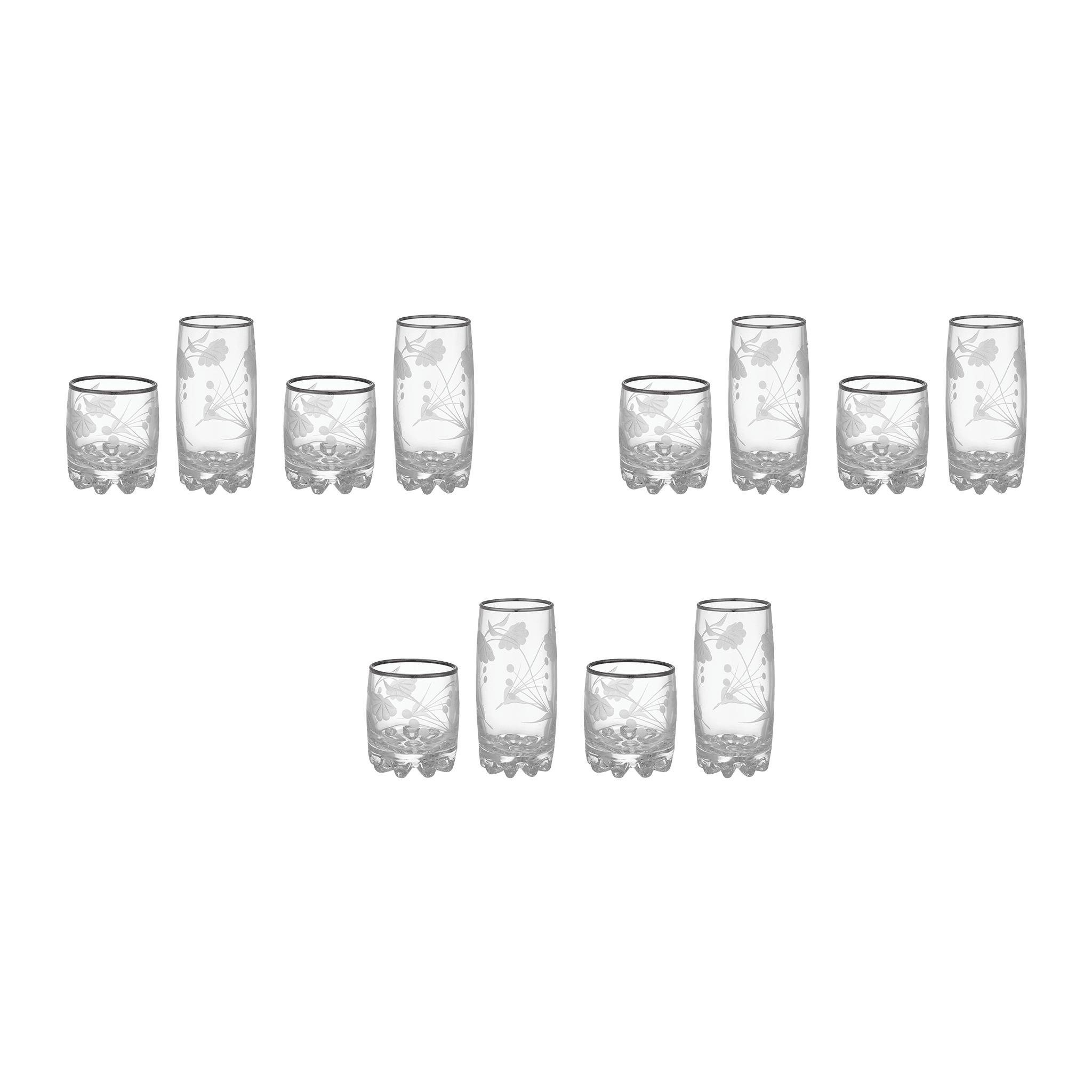 Pasabahce Decorated Highball & Tumbler Glass Set 12 Pieces Silver