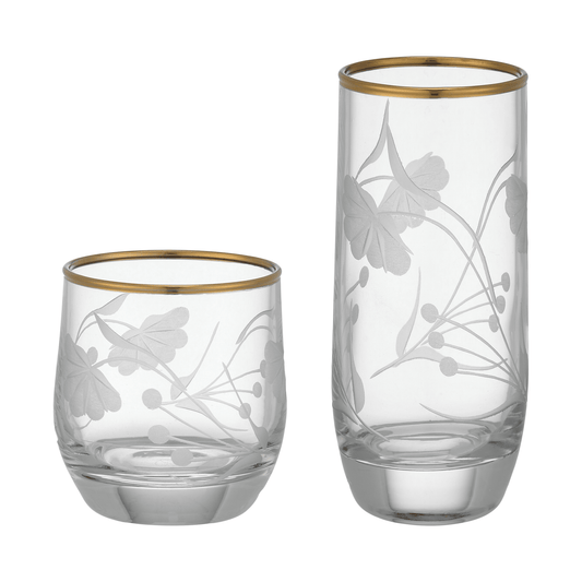 Pasabahce - Decorated Highball & Tumbler Glass Set 12 Pieces - Gold - 305&250ml - Glass