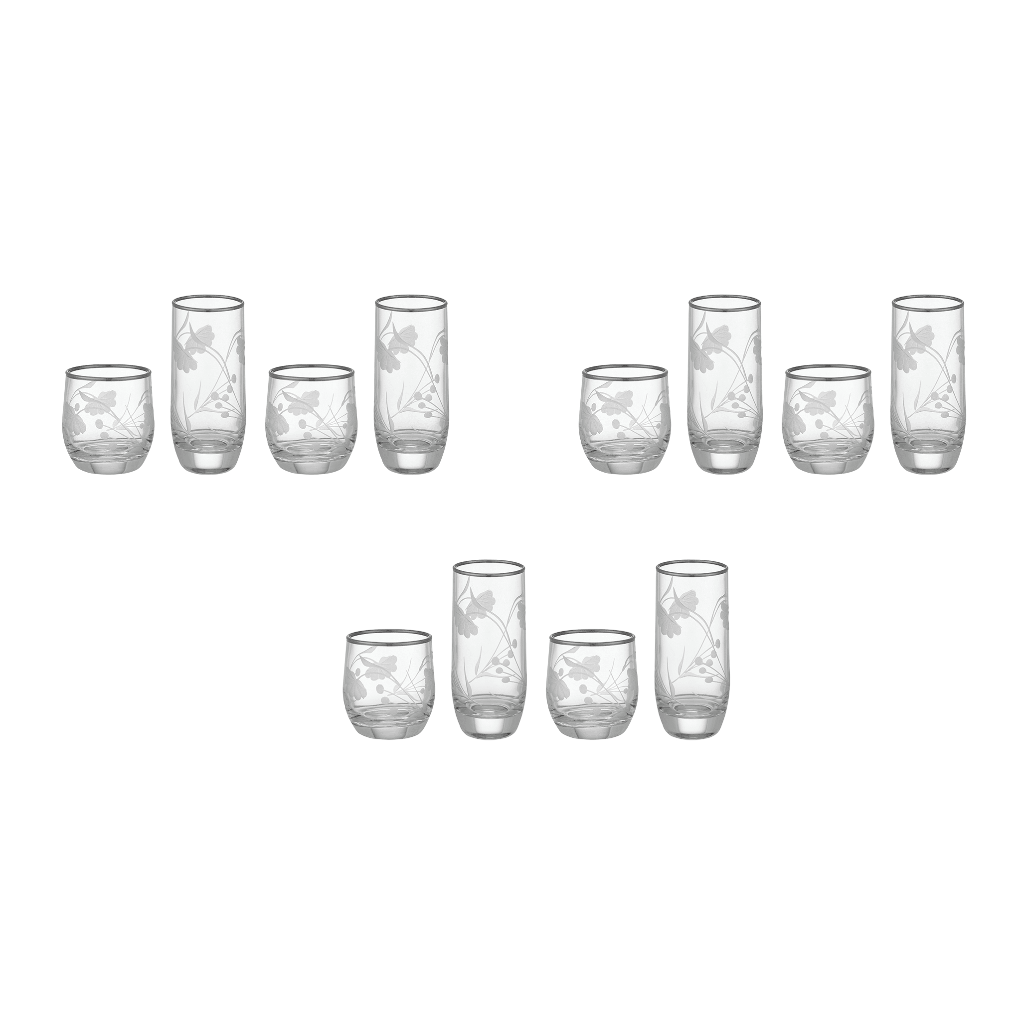 Pasabahce Decorated Highball & Tumbler Glass Set 12 Pieces Silver