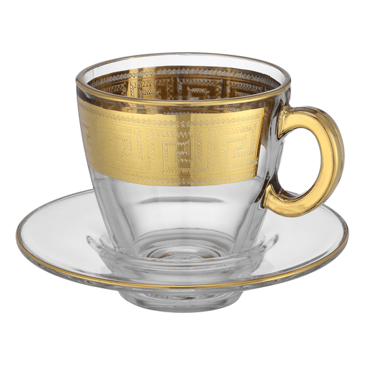 Pasabahce - Decorated Tea Cup with Saucer 6 Pieces - Gold - 160ml - Glass