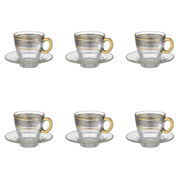 Pasabahce - Decorated Tea Cup with Saucer 6 Pieces - Silver & Gold - 160ml - Glass