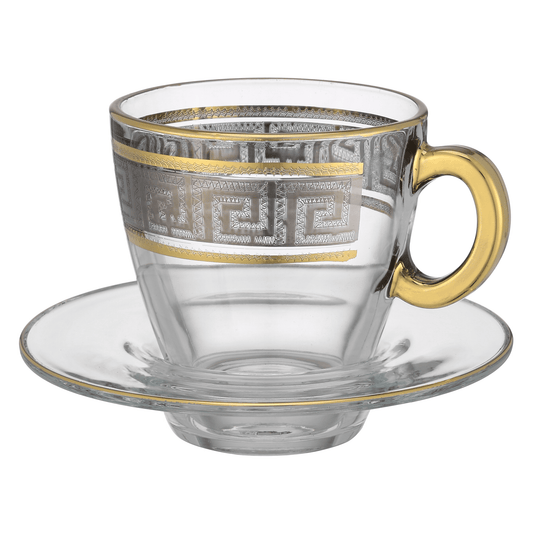 Pasabahce - Decorated Tea Cup with Saucer 6 Pieces - Silver & Gold - 160ml - Glass