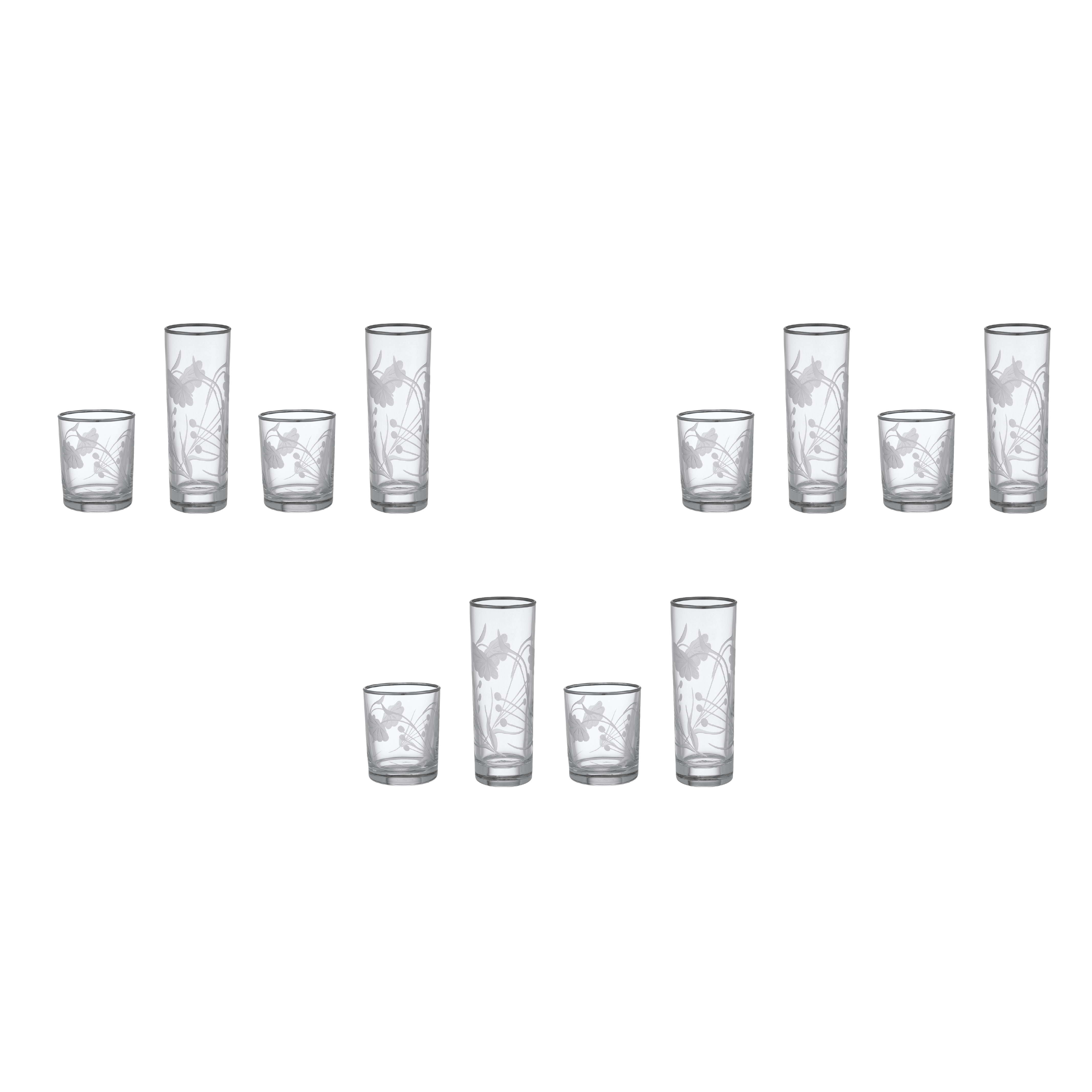 Pasabahce Decorated Highball & Tumbler Glass Set 12 Pieces Silver