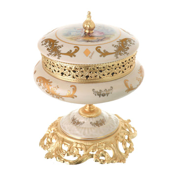 Caroline - Round Box with Base - Romeo & Juliet - Beige & Gold - 19cm