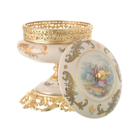 Caroline - Round Box with Base - Romeo & Juliet - Beige & Gold - 19cm