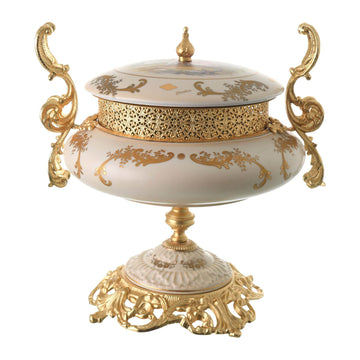 Caroline - Oval Box with Base & Gold Plated Handles - Romeo & Juliet - Beige & Gold - 24x28cm