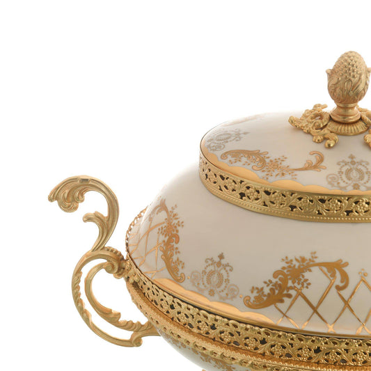 Caroline - Imperial Oval Box with Gold Plated Handles & Base - Beige & Gold