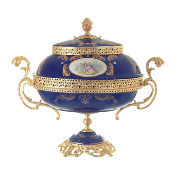 Caroline - Oval Box with Base & Gold Plated Handles - Romeo & Juliet - Blue & Gold