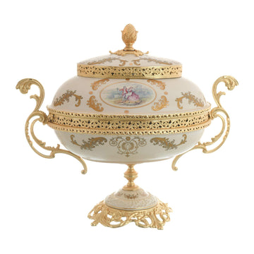 Caroline - Oval Box with Base & Gold Plated Handles - Romeo & Juliet - Beige & Gold
