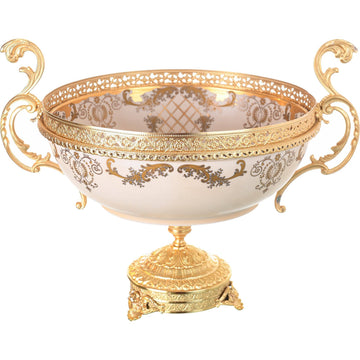 Caroline - Imperial Oval Bowl with Gold Plated Base - Beige & Gold - 45x36x38cm
