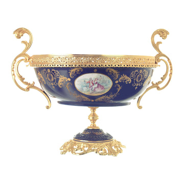 Caroline - Oval Bowl with Base - Romeo & Juliet - Blue & Gold - 45x36x38cm
