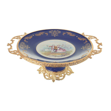 Caroline - Round Plate with Base & Gold Plated Handles - Romeo & Juliet - Blue & Gold - 40x50cm