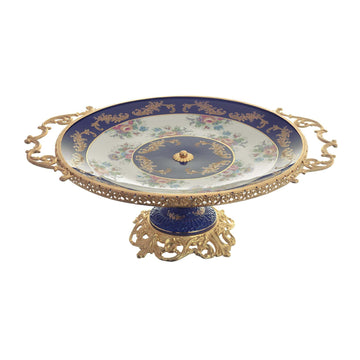 Caroline - Round Plate with Base & Gold Plated Handles - Floral Design - Blue & Gold - 40x50cm