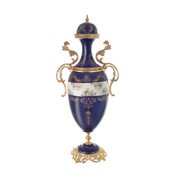 Caroline - Large Potiche with Base - Floral Design - Blue & Gold - 75cm