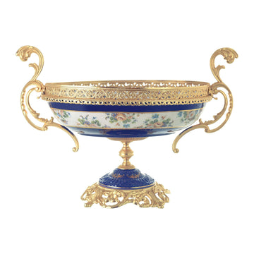 Caroline - Oval Bowl with Base - Floral Design - Blue & Gold - 48x27x32cm