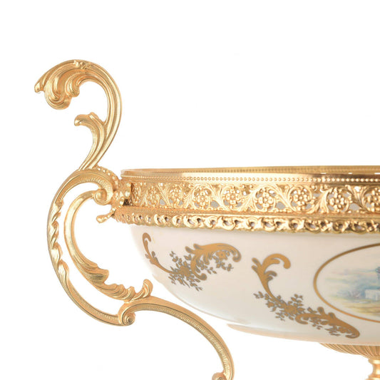 Caroline - Oval Bowl with Base - Romeo & Juliet - Beige & Gold - 48x27x32cm