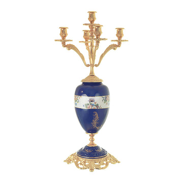 Caroline - Candle Holder with Base 5 Lights - Floral Design - Blue & Gold - 65cm
