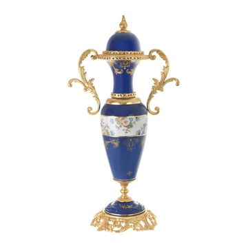 Caroline - Small Potiche with Base - Floral Design - Blue & Gold - 51cm