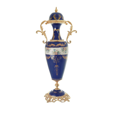 Caroline - Large Potiche with Base - Floral Design - Blue & Gold - 70cm
