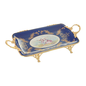 Caroline - Rectangular Tray with Golden Handles & Legs - Romeo & Juliet - Blue & Gold - 46x25cm