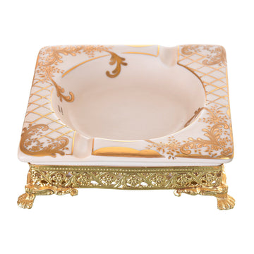 Caroline - Imperial Square Ashtray with Gold Plated Legs - Beige & Gold - 17cm