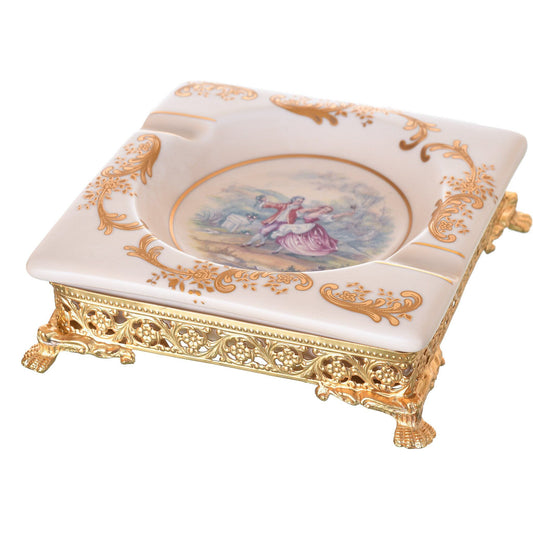 Caroline - Square Ashtray with Gold Plated Legs - Romeo & Juliet - Beige & Gold - 17cm