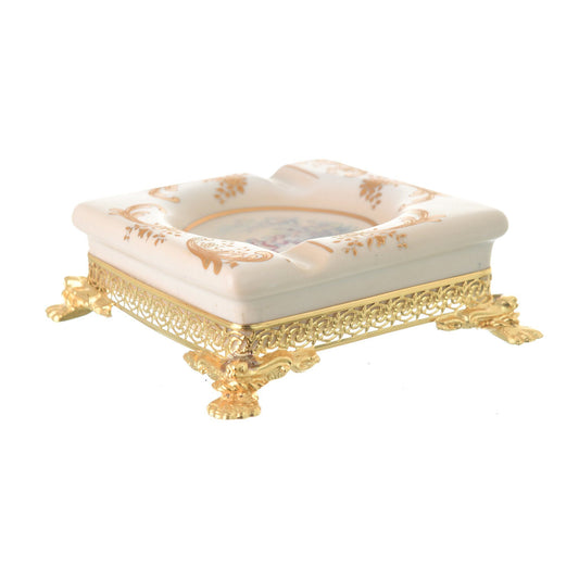 Caroline - Square Ashtray with Gold Plated Legs - Romeo & Juliet - Beige & Gold - 14cm