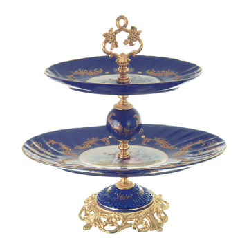 Caroline - Oval Stand 2 Tiers with Base - Romeo & Juliet - Blue & Gold - 43cm
