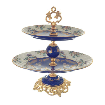 Caroline - Oval Stand 2 Tiers with Base - Floral Design - Blue & Gold - 43cm