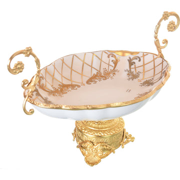 Caroline - Imperial Oval Plate with Gold Plated Base - Beige & Gold & White - 19x29x21cm