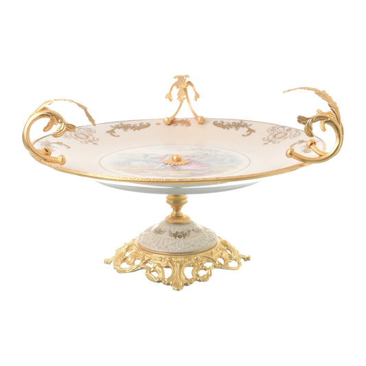 Caroline - Round Plate with Base - Romeo & Juliet - Beige & Gold - 40cm