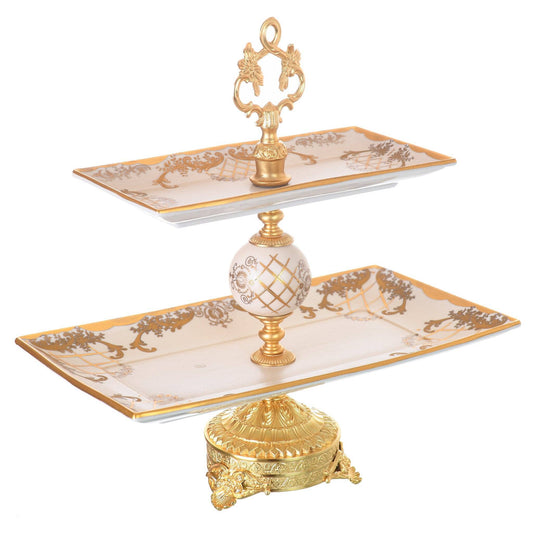 Caroline - Imperial Rectangular Stand 2 Tiers with Gold Plated Base - Beige & Gold - 43cm