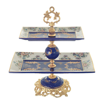 Caroline - Rectangular Stand 2 Tiers with Base - Floral Design - Blue & Gold - 43cm