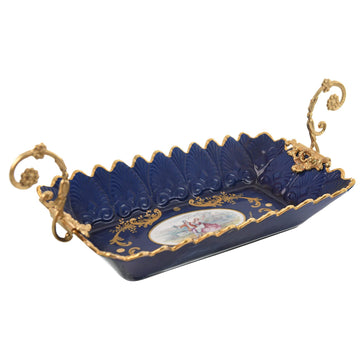 Caroline - Rectangular Plate with Gold Plated Handles - Romeo & Juliet - Blue & Gold - 39x18cm
