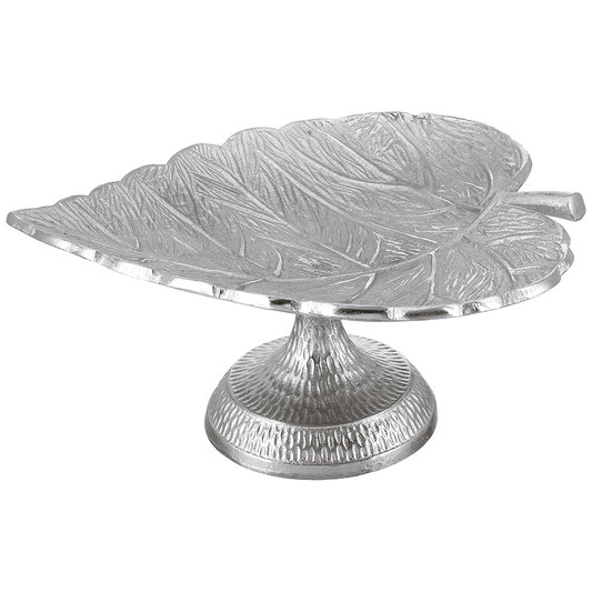 Leaf Shaped Plate with Base For Snacks & Nuts - Silver - Silver Plated Metal
